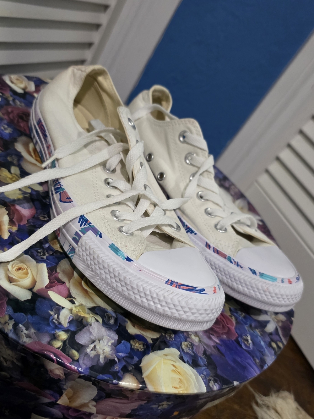 Converse Women's Low Top Canvas Sneakers in Cream with Flowered Patterned Trim